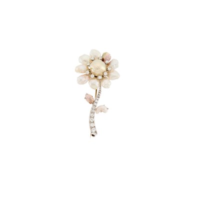 Lot 2081 - Tiffany & Co. Platinum, Baroque Freshwater Pearl and Diamond Flower Brooch