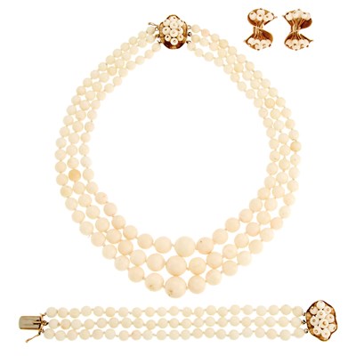 Lot 1120 - Group of Gold and White Coral Bead Jewelry