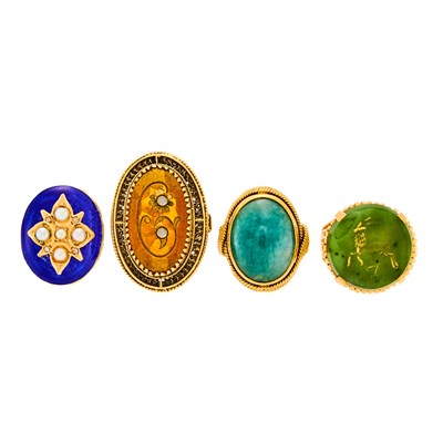 Lot 1171 - Four Gold, Cabochon Jadeite, Orange Glass, Nephrite Intaglio, Blue Enamel, Split and Imitation Pearl Rings