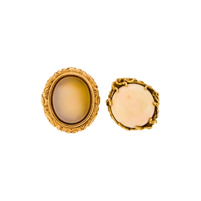 Lot 1098 - Two Gold, Angel Skin Coral and Agate Rings