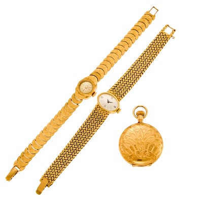 Lot 1208 - Two Lady's Gold Wristwatches and Gilt-Metal Hunting Case Pocket Watch