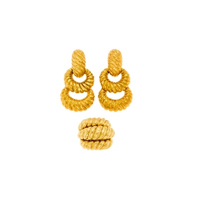 Lot 1141 - Pair of Gold Pendant-Earclips and Ring