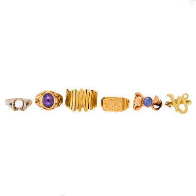 Lot 1169 - Five Gold, Low Karat Gold, Star Sapphire and Synthetic Purple Sapphire Rings and Platinum, Diamond and Sapphire Ring Mounting
