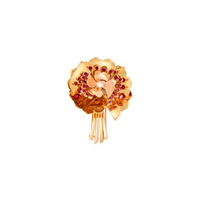 Lot 1111 - Tricolor Gold, Diamond and Ruby Flower Clip-Brooch