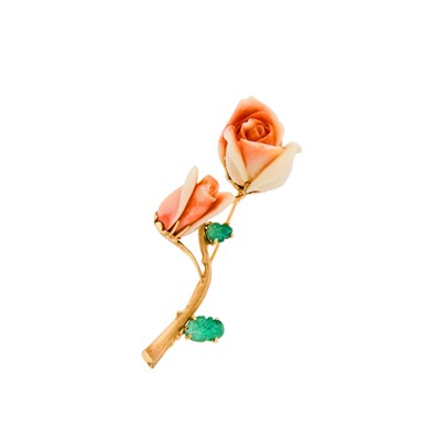 Lot 1136 - Gold, Carved Coral and Carved Cabochon Emerald Rose Brooch