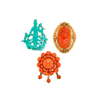 Lot 1116 - Three Gold, Coral and Turquoise Brooches