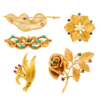 Lot 1139 - Four Gold, Cultured Pearl and Gem-Set Brooches and Tiffany & Co. Gold and Ruby Brooch