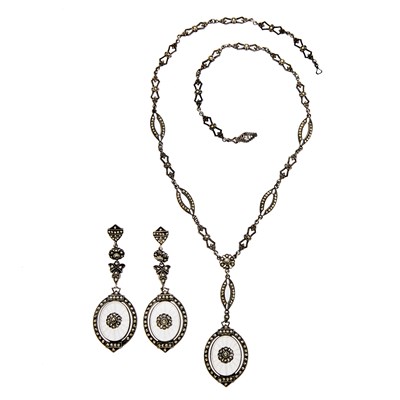 Lot 1095 - Pair of Silver, Frosted Rock Crystal and Marcasite Pendant-Earclips and Pendant-Necklace