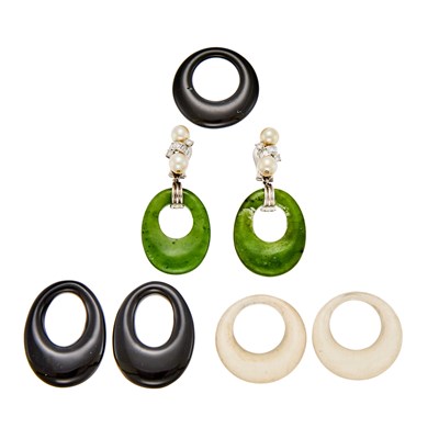 Lot 1061 - Pair of White Gold, Cultured Pearl and Diamond Pendant-Earclips with Interchangeable Rock Crystal, Nephrite and Black Onyx Pendants