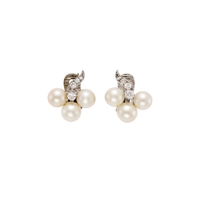 Lot 1070 - Pair of White Gold, Cultured Pearl and Diamond Earclips