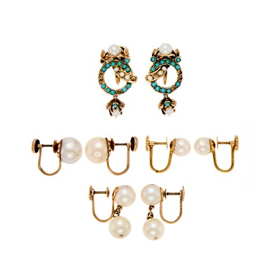 Lot 1238 - Four Pairs of Gold, Low Karat Gold, Cultured Pearl and Turquoise Earclips with Two Loose Pearls