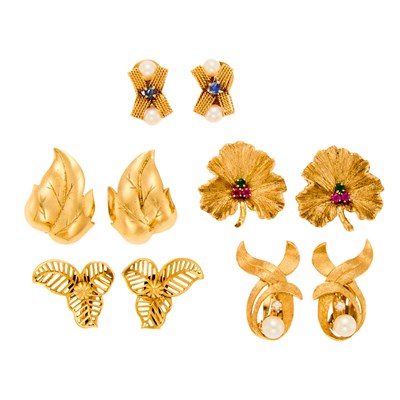 Lot 1138 - Five Pairs of Gold, Cultured Pearl and Gem-Set Earclips
