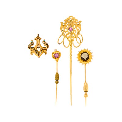 Lot 1101 - Group of Gold, Gold-Filled, Onyx Cameo, Star Ruby, Seed Pearl, Ruby and Diamond Jewelry