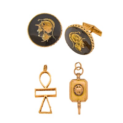 Lot 1193 - Pair of Gold and Black Onyx Intaglio Cufflinks, Gold Ankh Pendant and Low Karat Gold School Watch Key