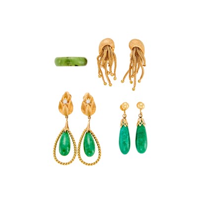 Lot 1182 - Group of Gold, Dyed Jade and Nephrite Jewelry