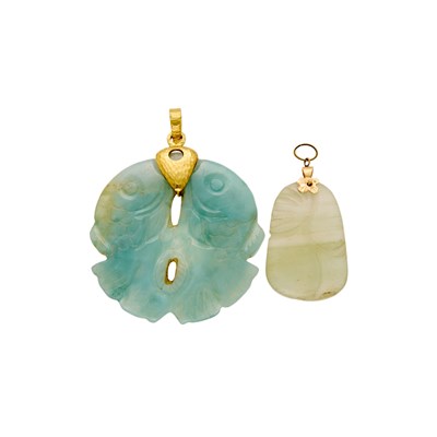 Lot 1190 - Pair of Gold and Carved Jade Pendants