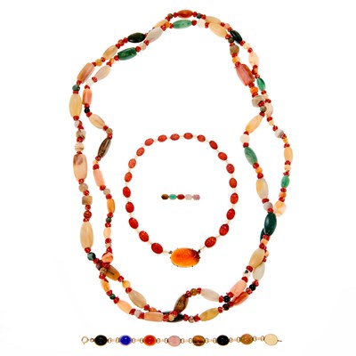 Lot 1242 - Group of Silver, Gilt-Metal, Hardstone and Agate Bead Jewelry