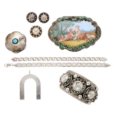Lot 1258 - Group of Silver Jewelry and Two Silver, Enamel, Painted Portrait and Synthetic Turquoise Boxes