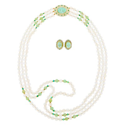 Lot 1002 - Trianon Long Triple Strand Frosted Rock Crystal, Jade, Emerald and Bead Necklace and Pair of Earclips