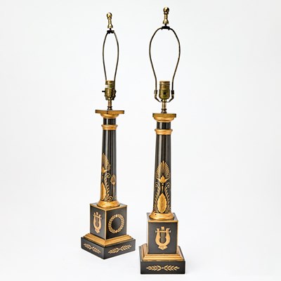 Lot 183 - Pair of Empire Style Black Painted Parcel-Gilt Tôle Table Lamps