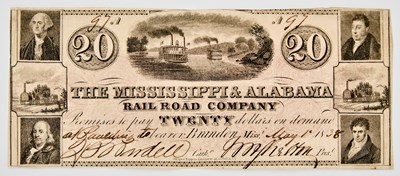 Lot 156 - United States. 1838 Mississippi & Alabama Railroad Company $20 Obsolete Banknote. Extremely Fine.