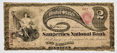 Lot 146 - United States. Original Series "Lazy Deuce" National Bank Note $2, The Saugerties National Bank. c. 1863-1875. Very Good.