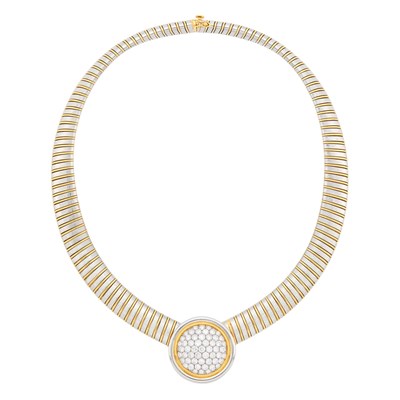 Lot 20 - Platinum, Gold and Diamond Snake Link Necklace, France