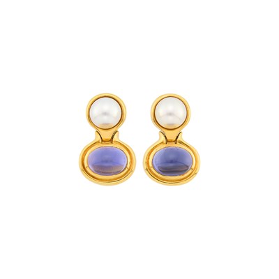 Lot 1 - Bulgari Pair of Gold, Cultured Pearl and Cabochon Iolite Pendant-Earclips, France