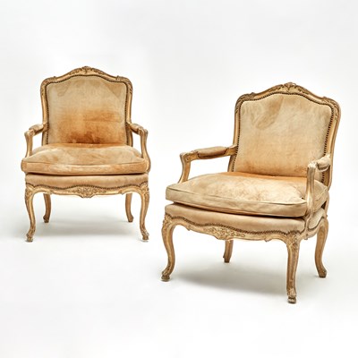 Lot 174 - Pair of Louis XV Style Upholstered and Painted Wood Fauteuils