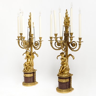 Lot 173 - Pair of Louis XVI Style Gilt-Metal and Marble Five-Light Candelabra