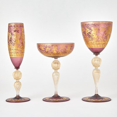Lot 217 - Venetian Blown and Gilt Decorated Glass Partial Stemware Service