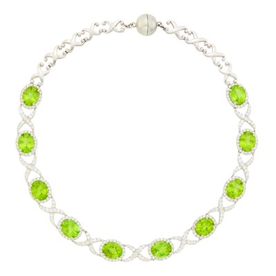Lot 65 - White Gold, Peridot and Diamond Necklace
