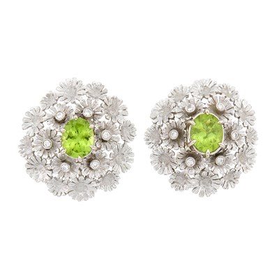 Lot 64 - Pair of White Gold, Peridot and Diamond Flower Earclips