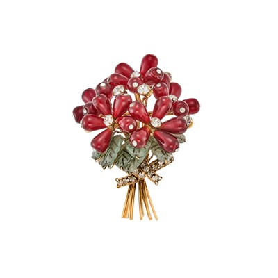 Lot 1289 - Iradj Moini Gilt-Metal, Glass and Carved Dyed Jadeite Bouquet Brooch