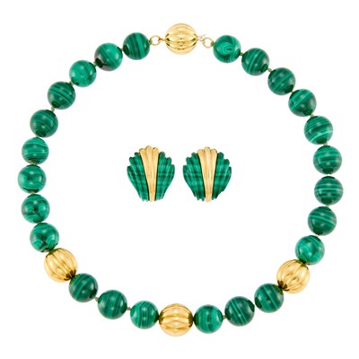 Lot 1010 - Malachite and Gold Bead Necklace and Pair of Earclips