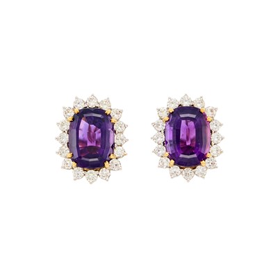Lot 1185 - Pair of Two-Color Gold, Amethyst and Diamond Earrings