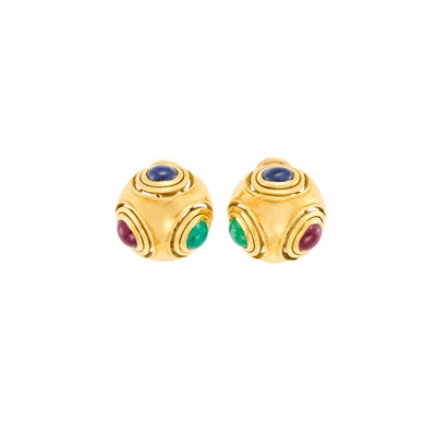 Lot 1186 - Pair of Gold and Cabochon Colored Stone Earclips