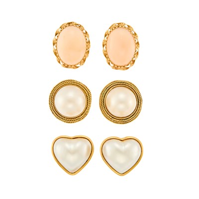 Lot 1194 - Two Pairs of Gold and Mabé Pearl Earclips and Pair of Angel Skin Coral Earclips