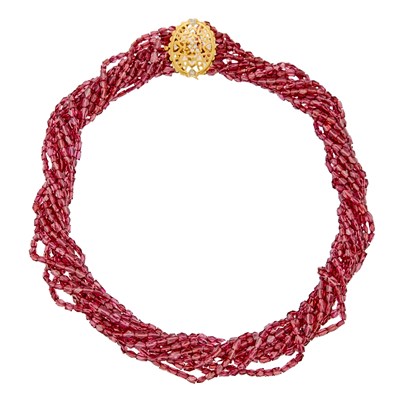 Lot 1247 - Multistrand Rhodolite Garnet Bead Necklace with Gold and Diamond Clasp