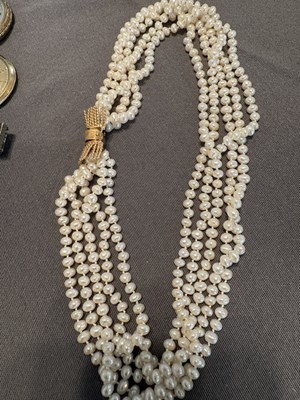 Lot 1008 - Multistrand Freshwater Pearl Torsade Necklace with Gold Bow Clasp