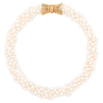 Lot 1008 - Multistrand Freshwater Pearl Torsade Necklace with Gold Bow Clasp
