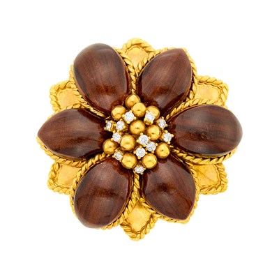 Lot 144 - Sabbadini Gold, Wood and Diamond Flower Clip-Brooch