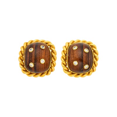 Lot 142 - Sabbadini Pair of Gold, Wood and Diamond Earclips