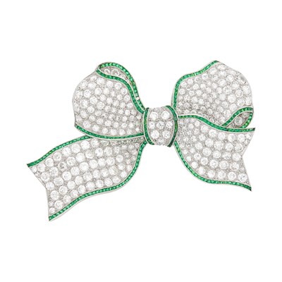 Lot 84 - Platinum, Diamond and Emerald Bow Brooch