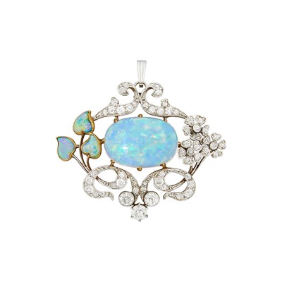 Lot 82 - Belle Epoque Platinum, Gold, Opal and Diamond Pendant