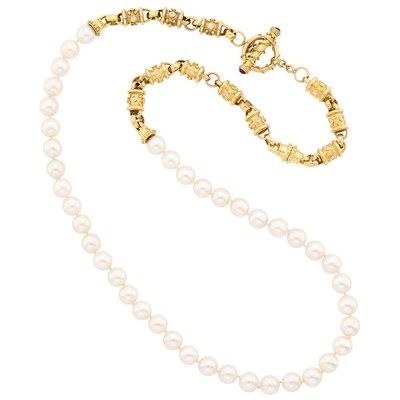 Lot 18 - Long Gold, Cultured Pearl and Diamond Necklace/Bracelet Combination with Toggle Clasp