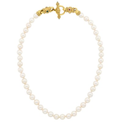 Lot 16 - Judith Ripka Long Gold, Cultured Pearl and Gem-Set Necklace with Toggle Clasp