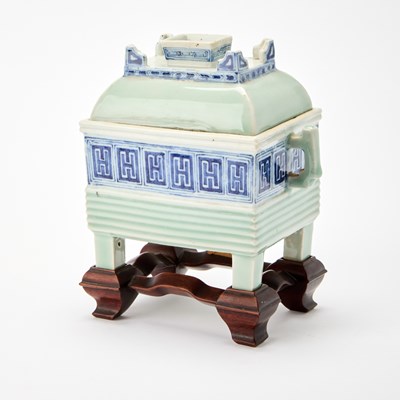 Lot 249 - A Chinese Celadon Glazed Blue and White Porcelain Censer and Cover