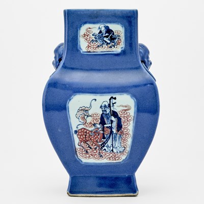 Lot 505 - A Chinese Blue and White and Copper-Red-Decorated Square-Form Hu Vase