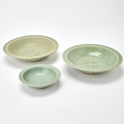 Lot 416 - Three Chinese Longquan Celadon 'Fishes' Dishes